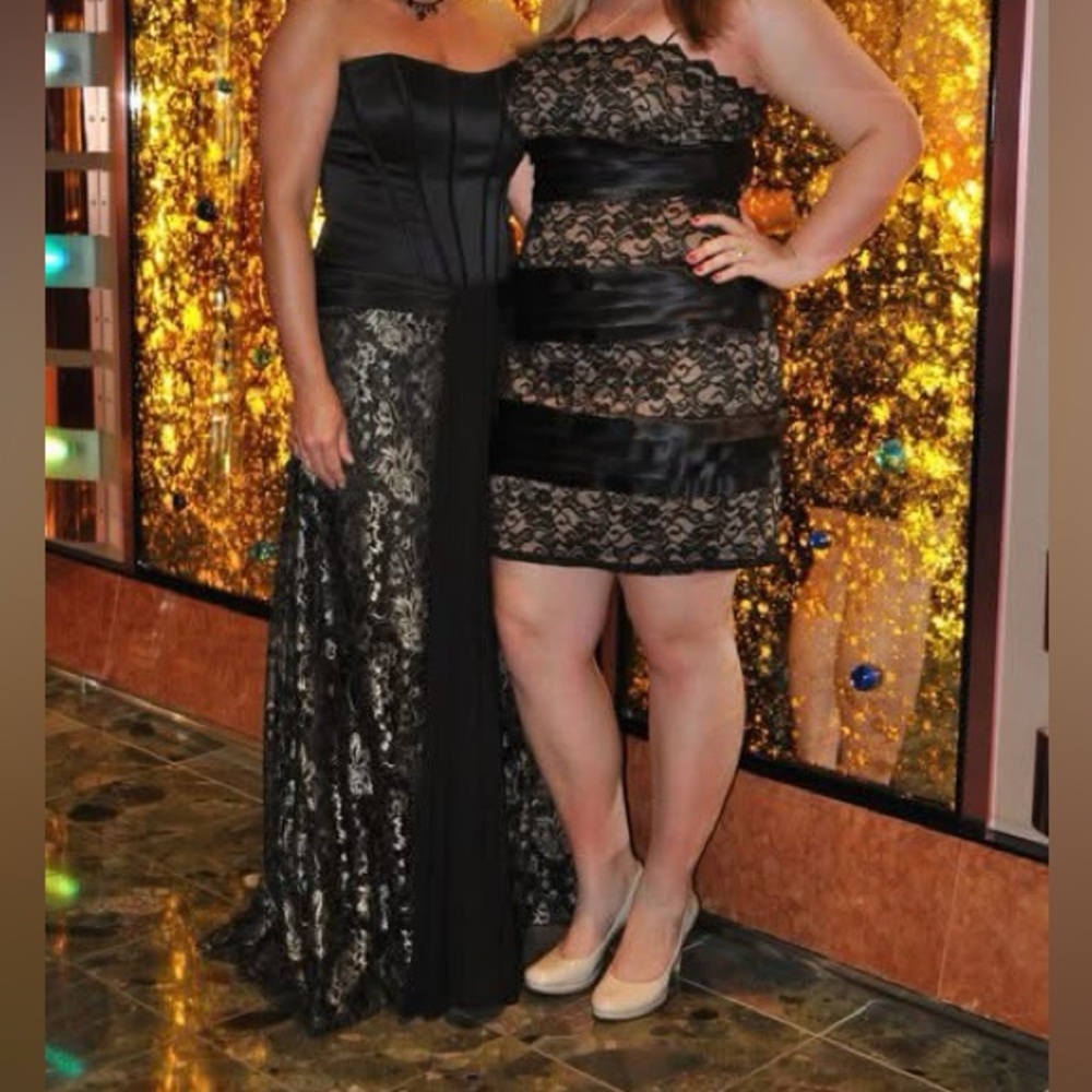 Camille La Vie Corseted Black and Gold Floral Lace Formal Gown - Picture 5 of 5